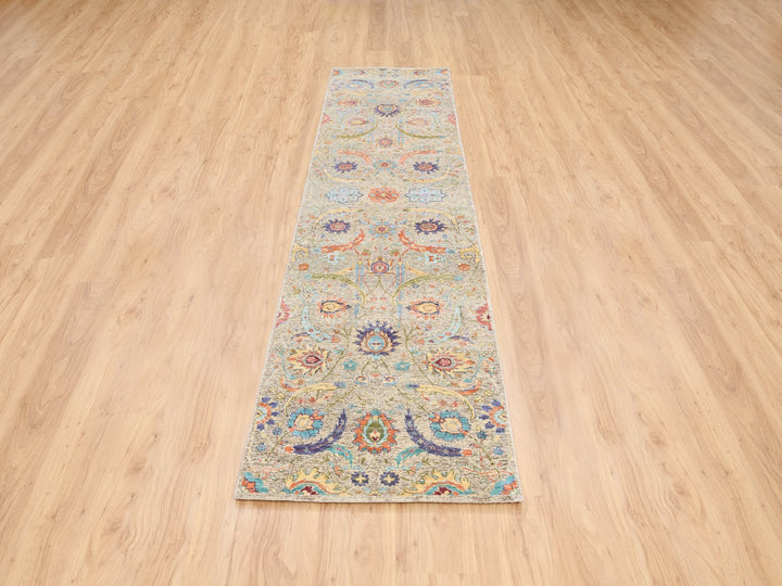 2'5" x 10'1" New Hand Knotted Beige Wool & Silk Runner Oriental Rug - MOA10263717