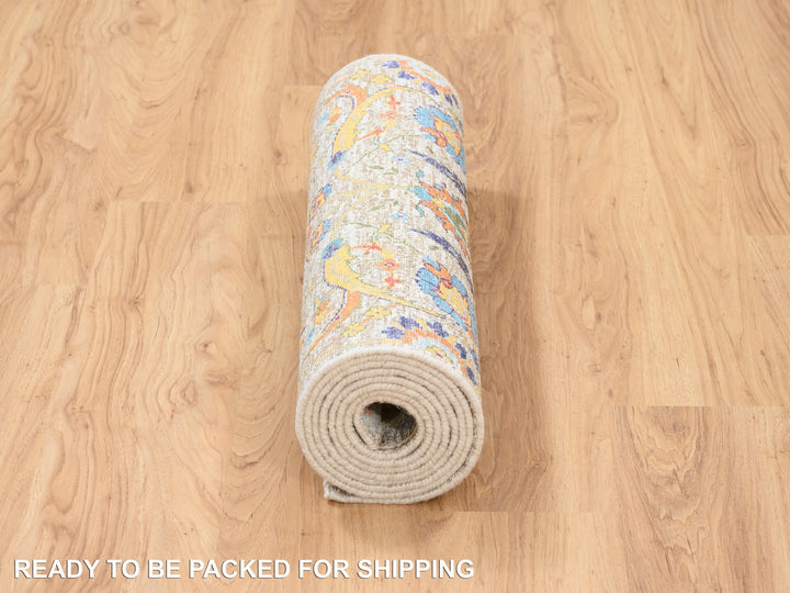 2'5" x 10'1" New Hand Knotted Ivory Wool & Silk Runner Oriental Rug - MOA10263717