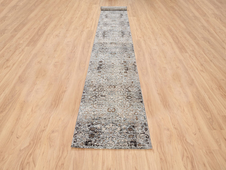 2'6" x 16'0" New Hand Knotted Grey Wool & Silk Runner Oriental Rug - MOA10263722
