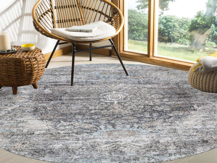 11'10" x 11'10" New Hand Knotted Grey Wool & Silk Round Oriental Rug - MOA10263726