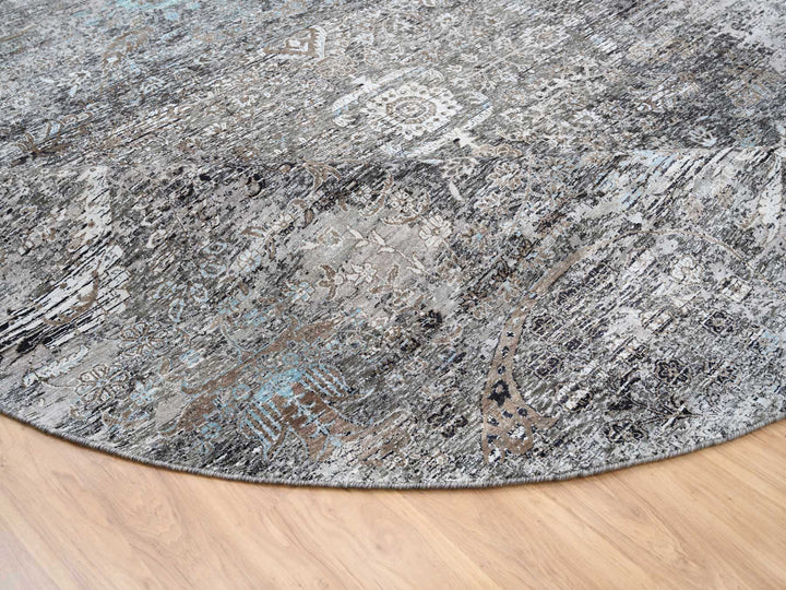 11'10" x 11'10" New Hand Knotted Grey Wool & Silk Round Oriental Rug - MOA10263726