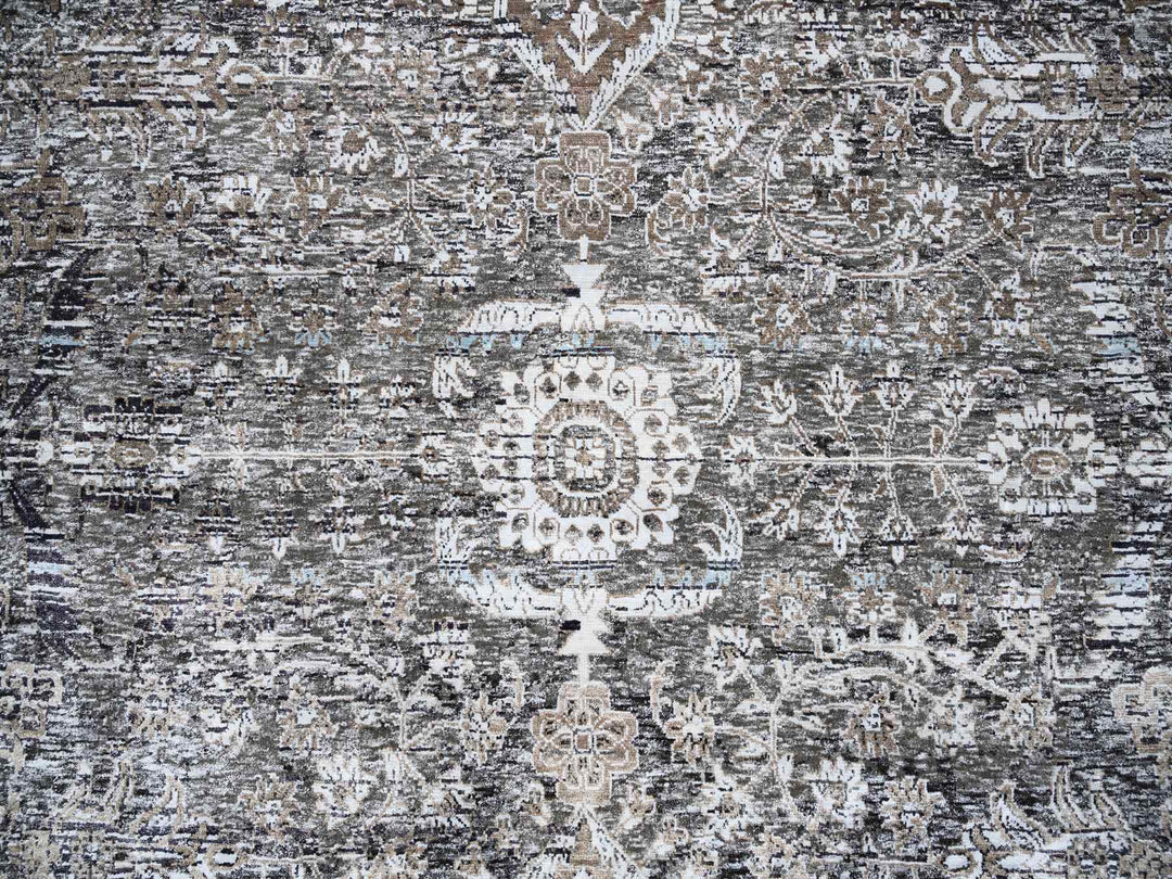 11'10" x 11'10" New Hand Knotted Grey Wool & Silk Round Oriental Rug - MOA10263726