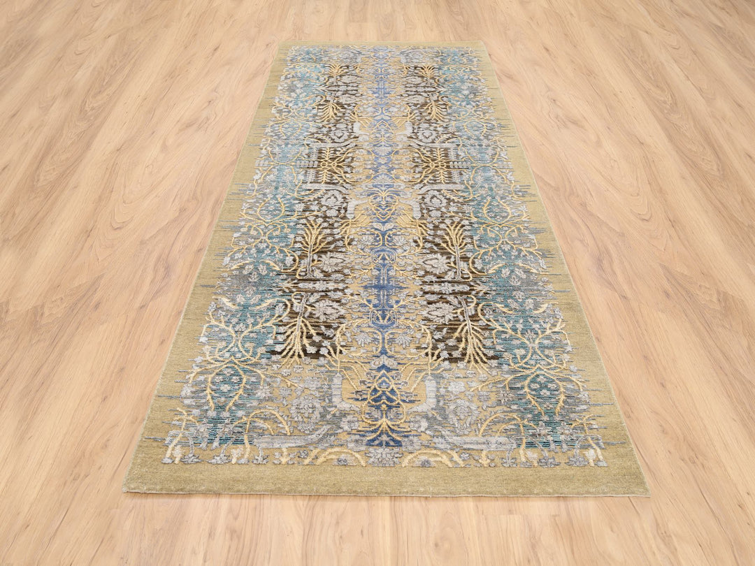 4'2" x 10'0" New Hand Knotted Brown Wool & Silk Runner Oriental Rug - MOA10263730