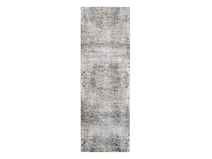 4'0" x 12'0" New Hand Knotted Grey Wool & Silk Runner Oriental Rug - MOA10263732