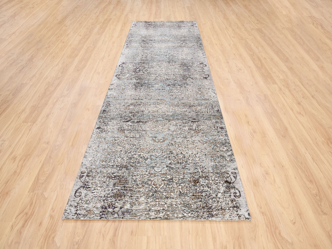 4'0" x 12'0" New Hand Knotted Grey Wool & Silk Runner Oriental Rug - MOA10263732