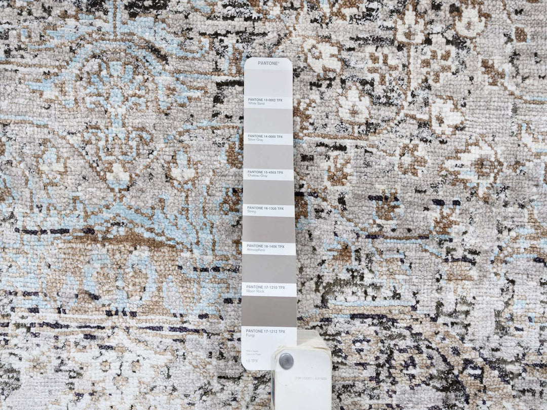 4'0" x 12'0" New Hand Knotted Grey Wool & Silk Runner Oriental Rug - MOA10263732