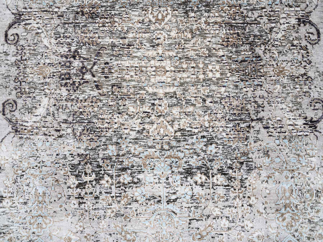 4'0" x 12'0" New Hand Knotted Grey Wool & Silk Runner Oriental Rug - MOA10263732