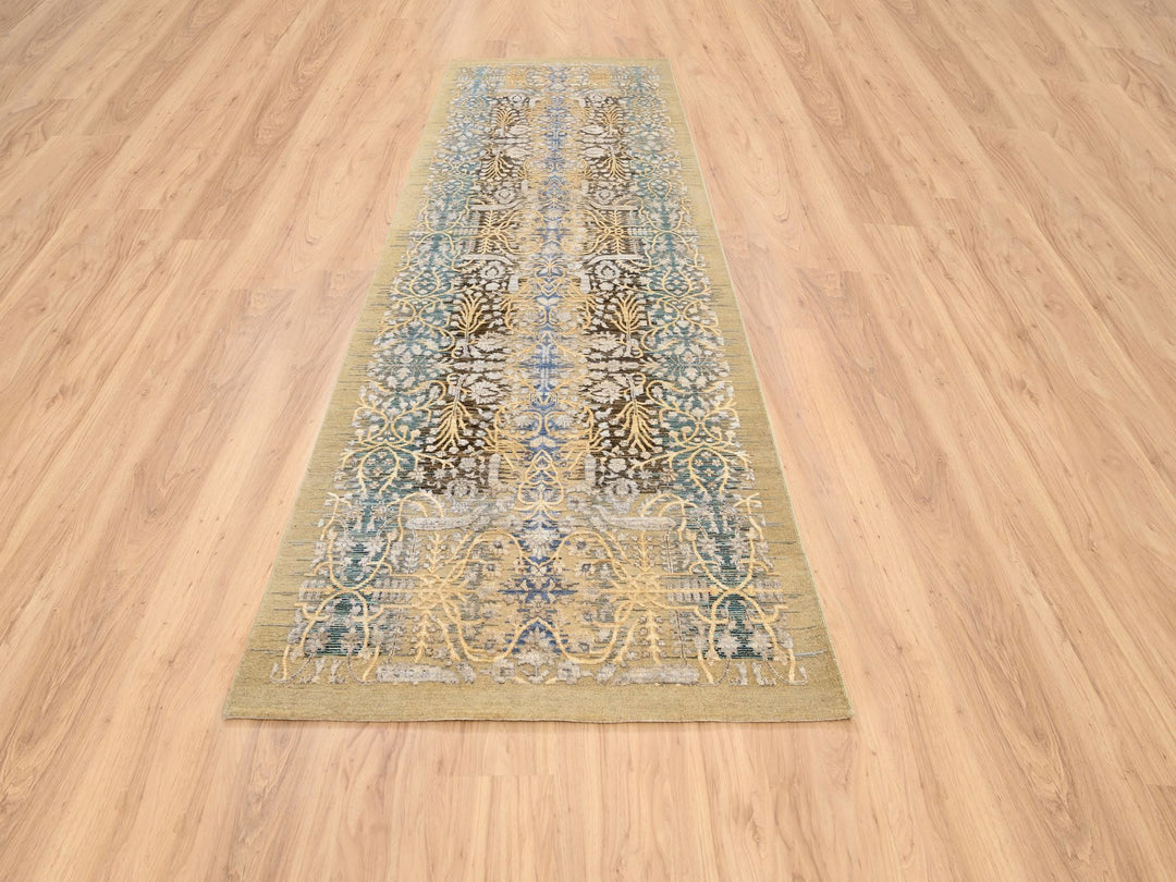 4'0" x 12'0" New Hand Knotted Brown Wool & Silk Runner Oriental Rug - MOA10263733