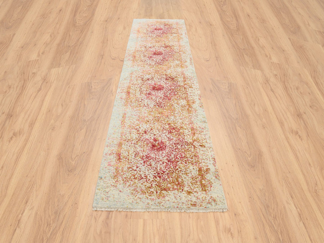 2'6" x 11'10" New Hand Knotted Pink Wool & Silk Runner Oriental Rug - MOA10263759