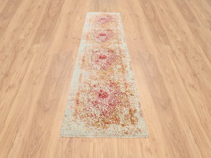 2'6" x 11'10" New Hand Knotted Pink Wool & Silk Runner Oriental Rug - MOA10263759