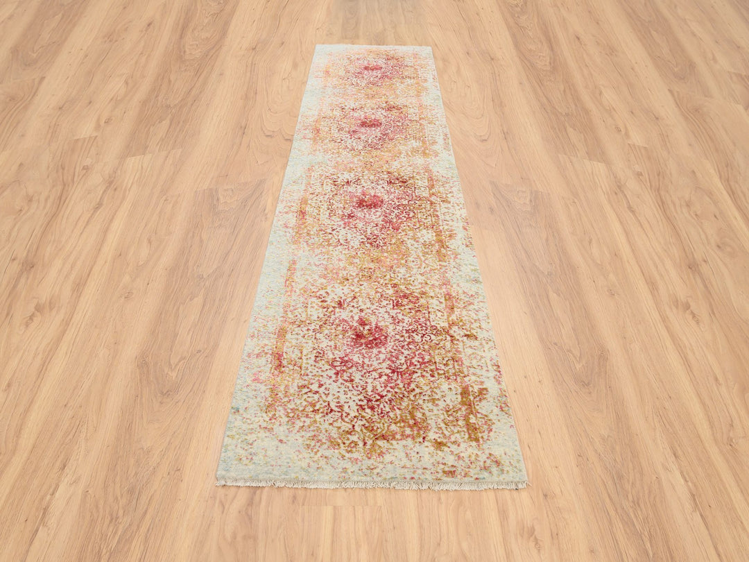 2'6" x 11'10" New Hand Knotted Pink Wool & Silk Runner Oriental Rug - MOA10263760