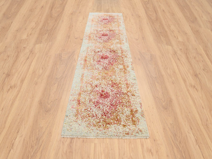 2'6" x 11'10" New Hand Knotted Pink Wool & Silk Runner Oriental Rug - MOA10263760