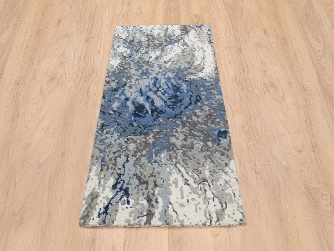 2'6" x 6'2" New Hand Knotted Blue Wool & Art Silk Runner Oriental Rug - MOA10263763