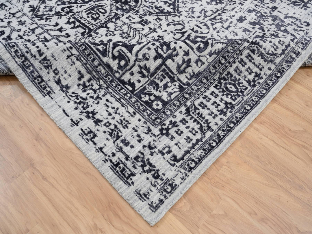 9'0" x 11'10" New Hand Loomed Black Wool & Silk Rectangle Oriental Rug - MOA10263790