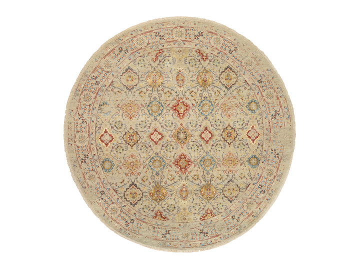 8'9" x 8'9" New Hand Knotted Beige Wool & Silk Round Oriental Rug - MOA10263792