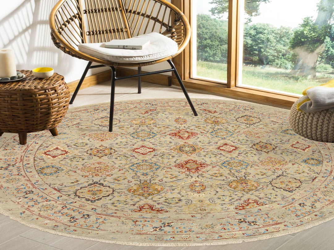 8'9" x 8'9" New Hand Knotted Beige Wool & Silk Round Oriental Rug - MOA10263792