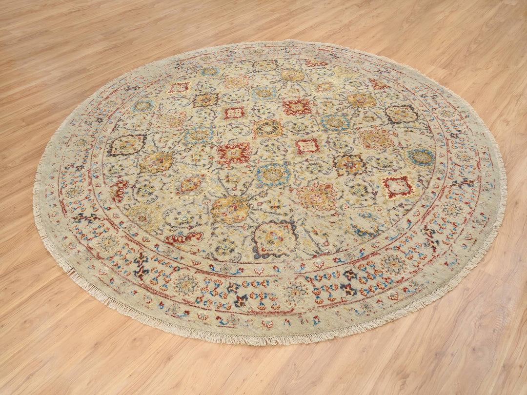 8'9" x 8'9" New Hand Knotted Beige Wool & Silk Round Oriental Rug - MOA10263792