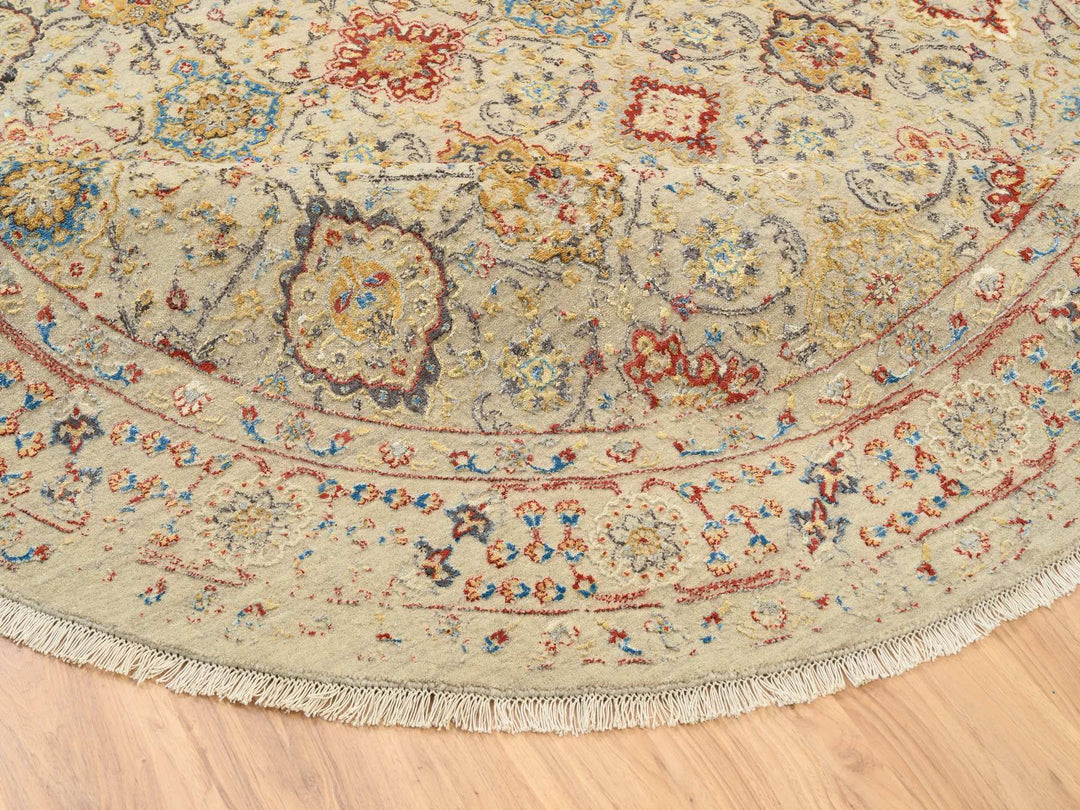 8'9" x 8'9" New Hand Knotted Beige Wool & Silk Round Oriental Rug - MOA10263792