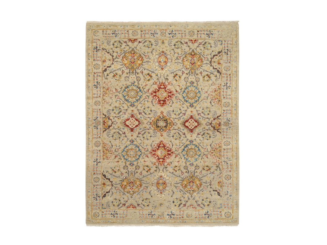 5'3" x 7'0" New Hand Knotted Beige Wool & Pure Silk Rectangle Oriental Rug - MOA10263796