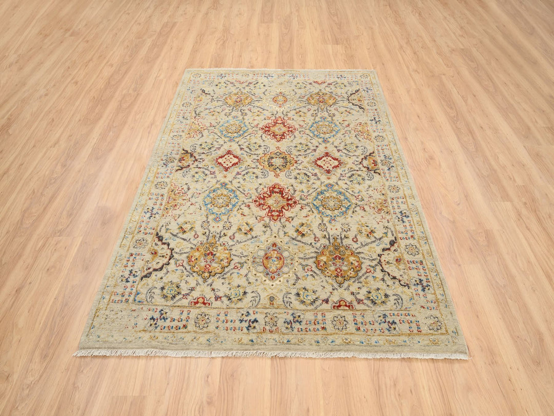 5'3" x 7'0" New Hand Knotted Beige Wool & Pure Silk Rectangle Oriental Rug - MOA10263796