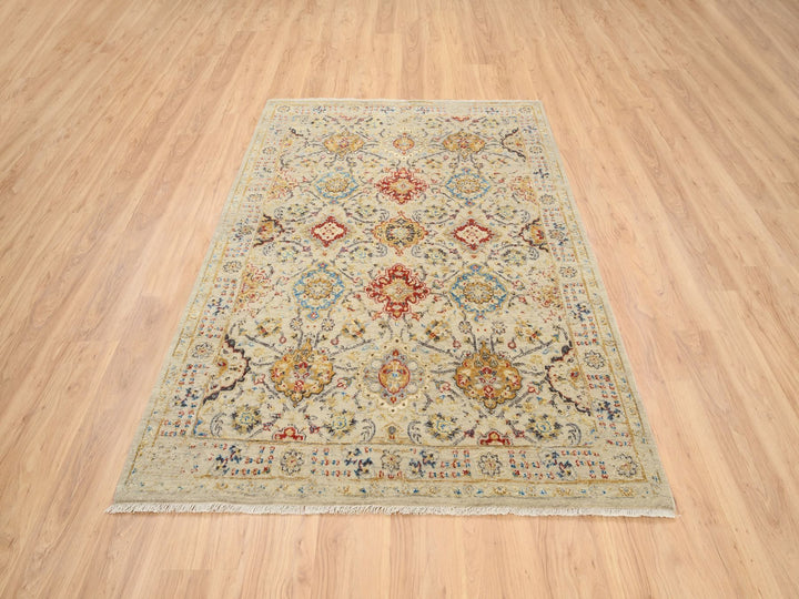 5'3" x 7'0" New Hand Knotted Beige Wool & Pure Silk Rectangle Oriental Rug - MOA10263796
