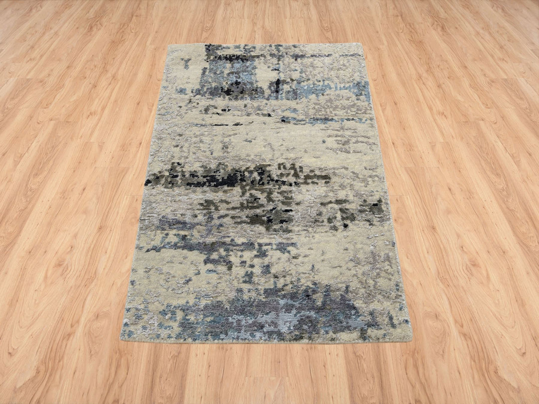 2'0" x 2'10" New Hand Knotted Grey Wool & Silk Rectangle Oriental Rug - MOA10263891