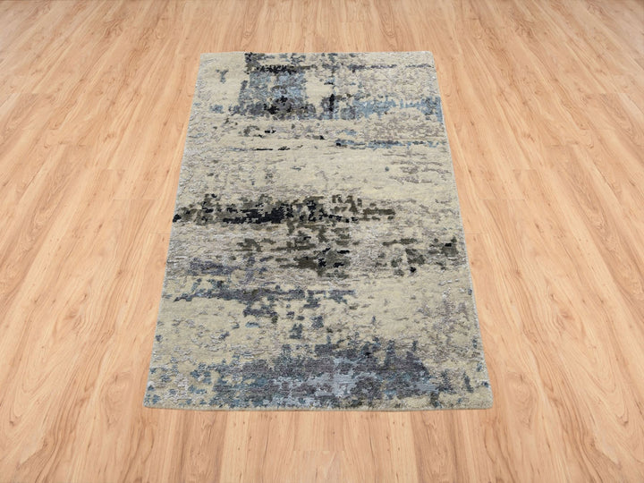 2'0" x 2'10" New Hand Knotted Grey Wool & Silk Rectangle Oriental Rug - MOA10263891
