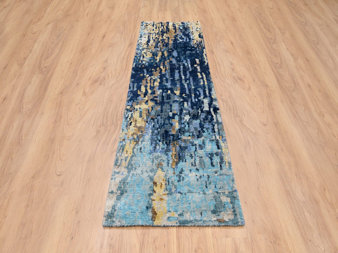 2'8" x 9'9" New Hand Knotted Blue Wool & Silk Runner Oriental Rug - MOA10263910