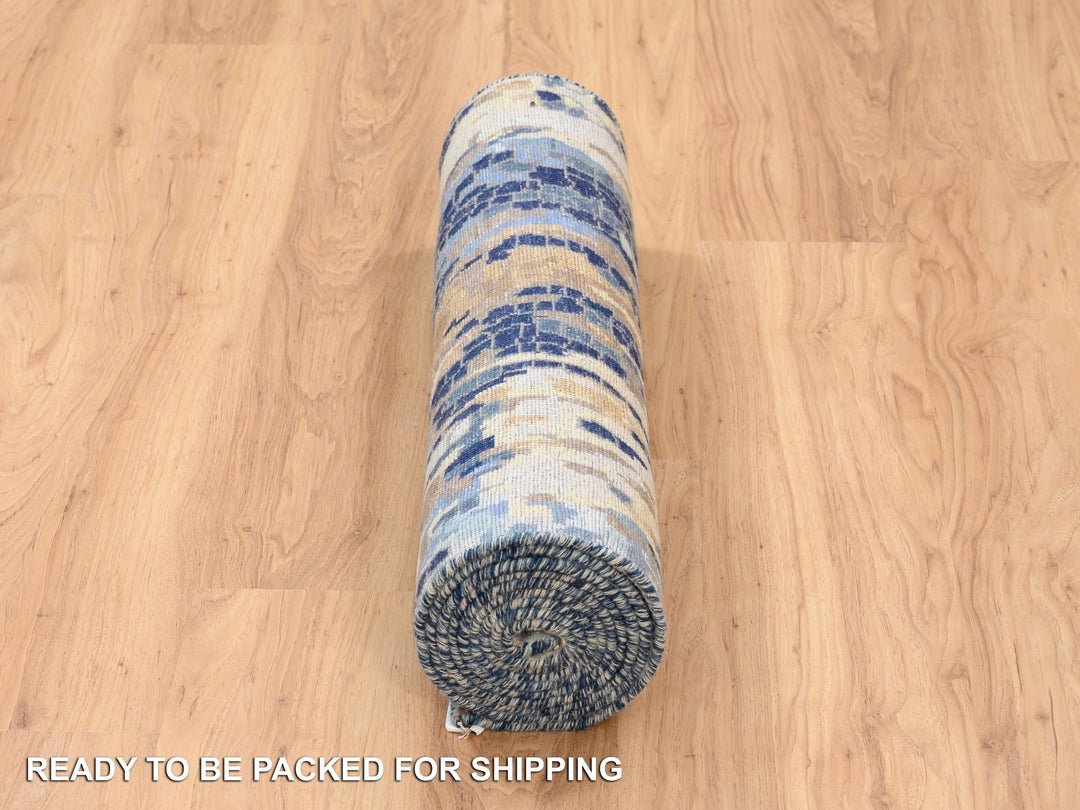 2'8" x 9'9" New Hand Knotted Blue Wool & Silk Runner Oriental Rug - MOA10263910