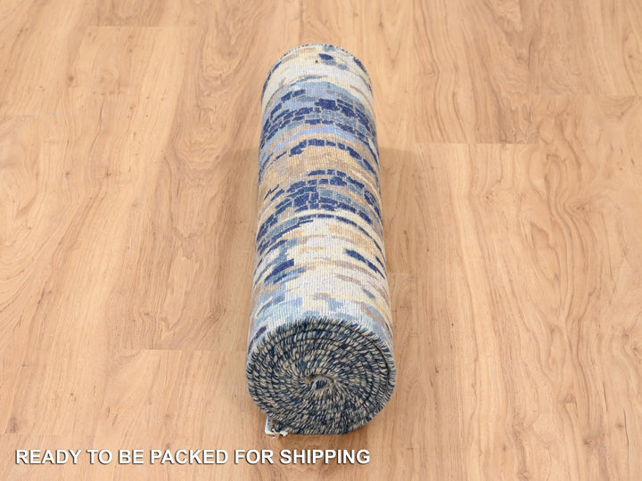 2'8" x 9'9" New Hand Knotted Blue Wool & Silk Runner Oriental Rug - MOA10263910