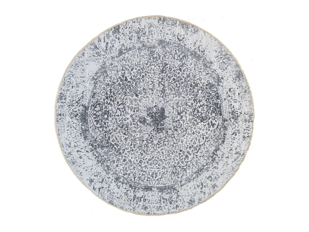 9'9" x 9'9" New Hand Knotted Grey Wool & Silk Round Oriental Rug - MOA10264059