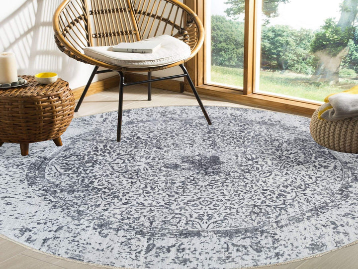 9'9" x 9'9" New Hand Knotted Grey Wool & Silk Round Oriental Rug - MOA10264059