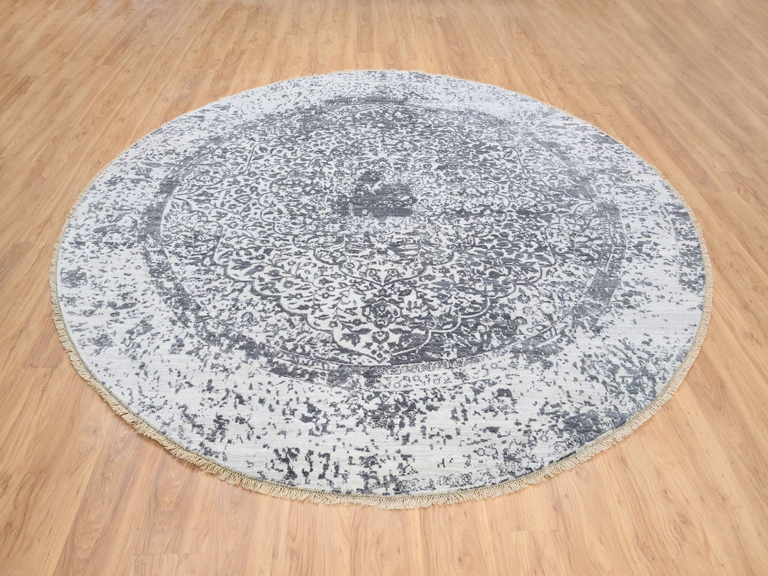 9'9" x 9'9" New Hand Knotted Grey Wool & Silk Round Oriental Rug - MOA10264059