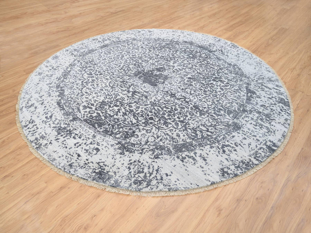 9'9" x 9'9" New Hand Knotted Grey Wool & Silk Round Oriental Rug - MOA10264059