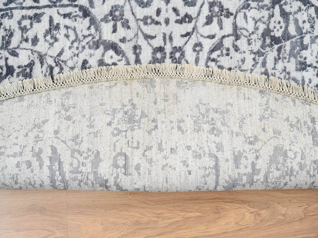9'9" x 9'9" New Hand Knotted Grey Wool & Silk Round Oriental Rug - MOA10264059