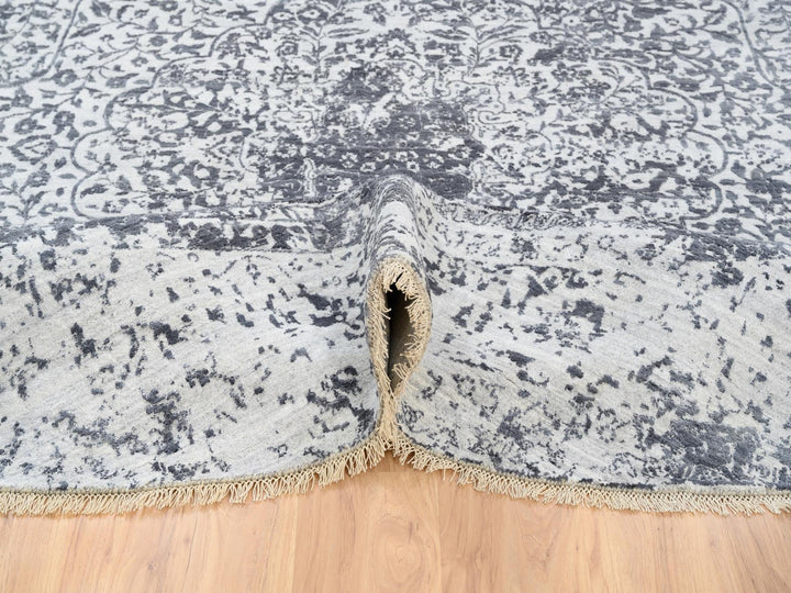 9'9" x 9'9" New Hand Knotted Grey Wool & Silk Round Oriental Rug - MOA10264059