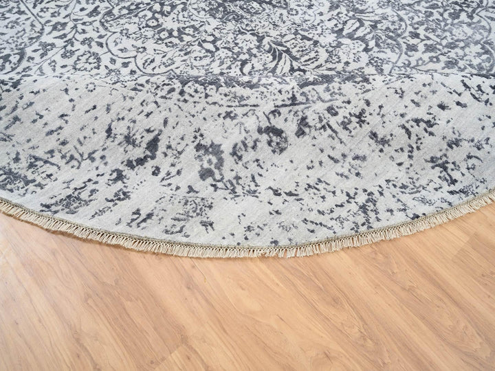 9'9" x 9'9" New Hand Knotted Grey Wool & Silk Round Oriental Rug - MOA10264059
