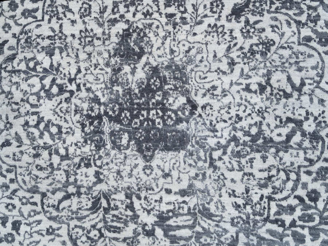 9'9" x 9'9" New Hand Knotted Grey Wool & Silk Round Oriental Rug - MOA10264059