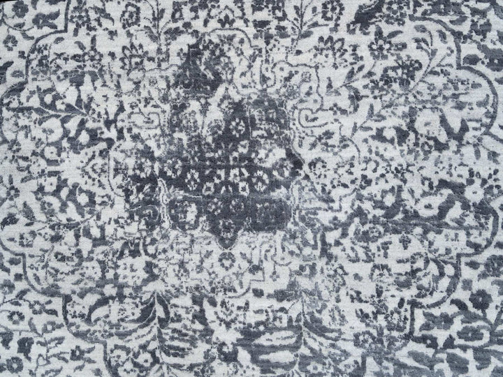 9'9" x 9'9" New Hand Knotted Grey Wool & Silk Round Oriental Rug - MOA10264059