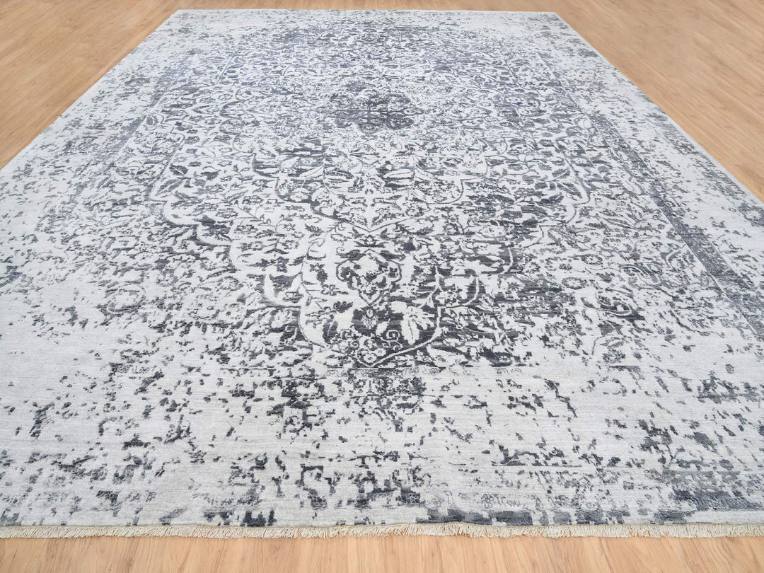 14'2" x 18'0" New Hand Knotted Grey Wool & Silk Rectangle Oriental Rug - MOA10264083