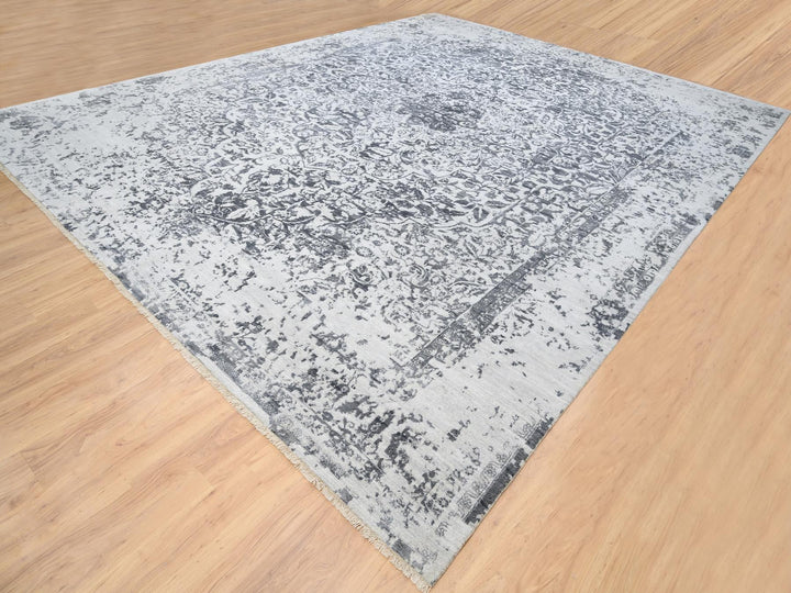 14'2" x 18'0" New Hand Knotted Grey Wool & Silk Rectangle Oriental Rug - MOA10264083