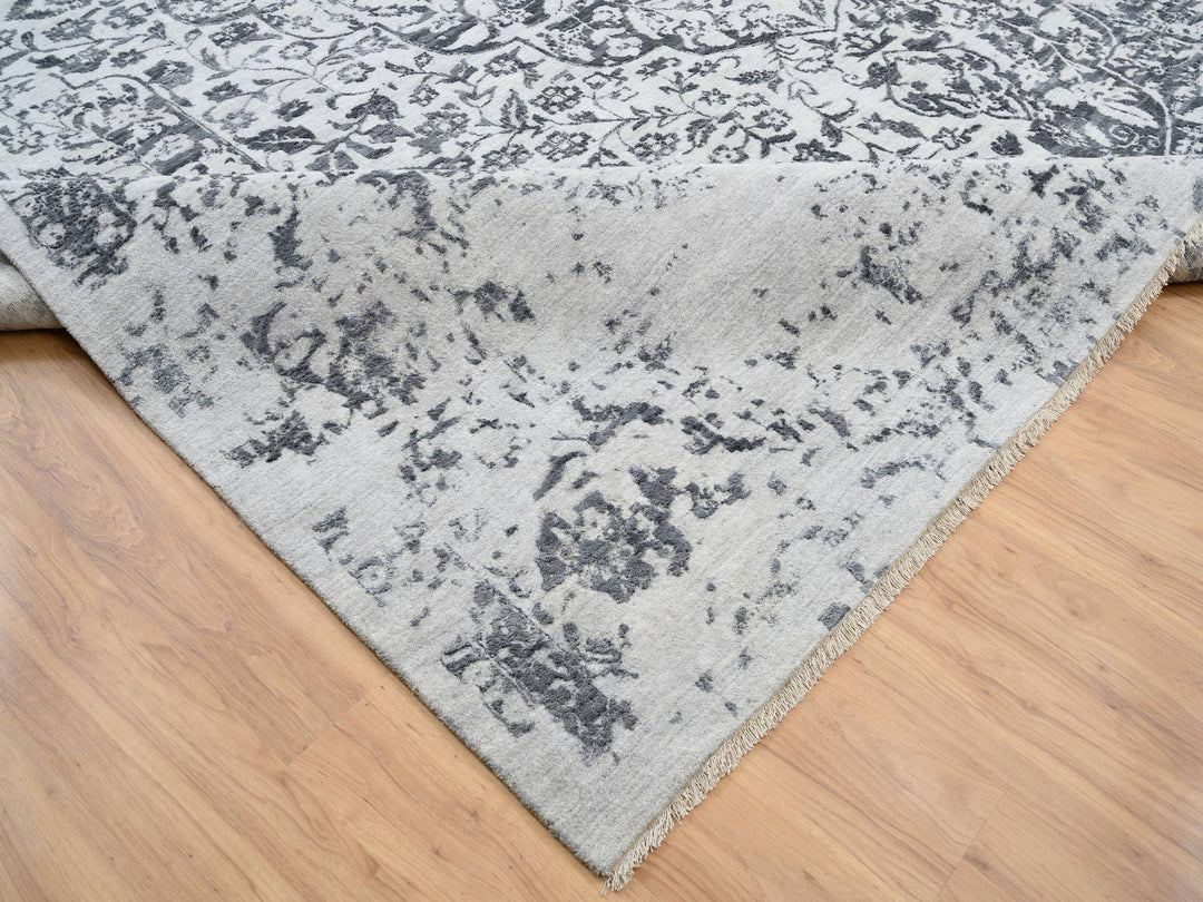 14'2" x 18'0" New Hand Knotted Grey Wool & Silk Rectangle Oriental Rug - MOA10264083