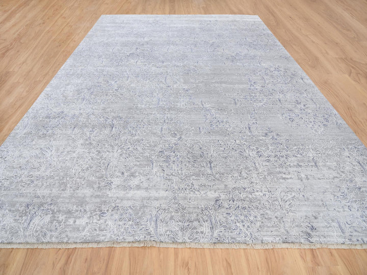 10'0" x 13'10" New Hand Knotted Grey Wool & Silk Rectangle Oriental Rug - MOA10264085