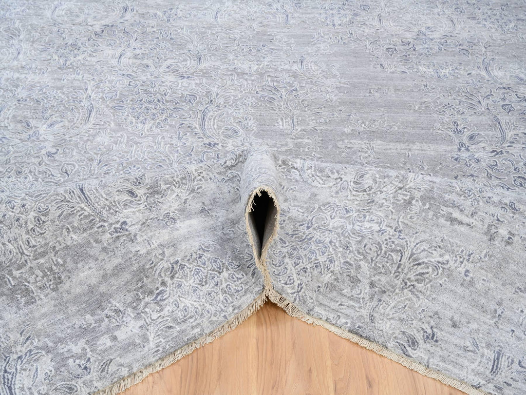 10'0" x 13'10" New Hand Knotted Grey Wool & Silk Rectangle Oriental Rug - MOA10264085
