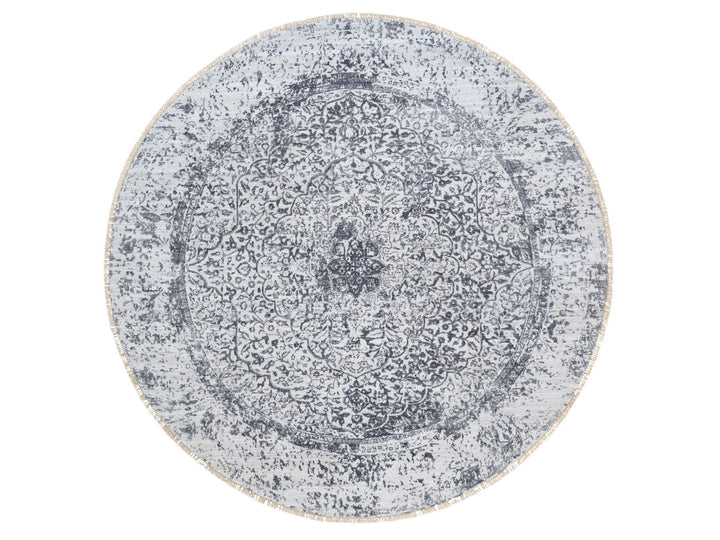 7'10" x 7'10" New Hand Knotted Grey Wool & Silk Round Oriental Rug - MOA10264086