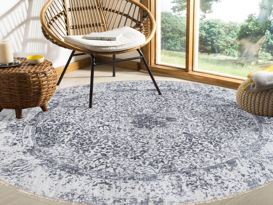 7'10" x 7'10" New Hand Knotted Grey Wool & Silk Round Oriental Rug - MOA10264086