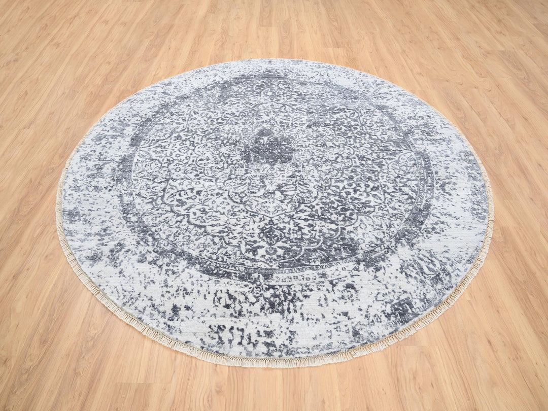 7'10" x 7'10" New Hand Knotted Grey Wool & Silk Round Oriental Rug - MOA10264086