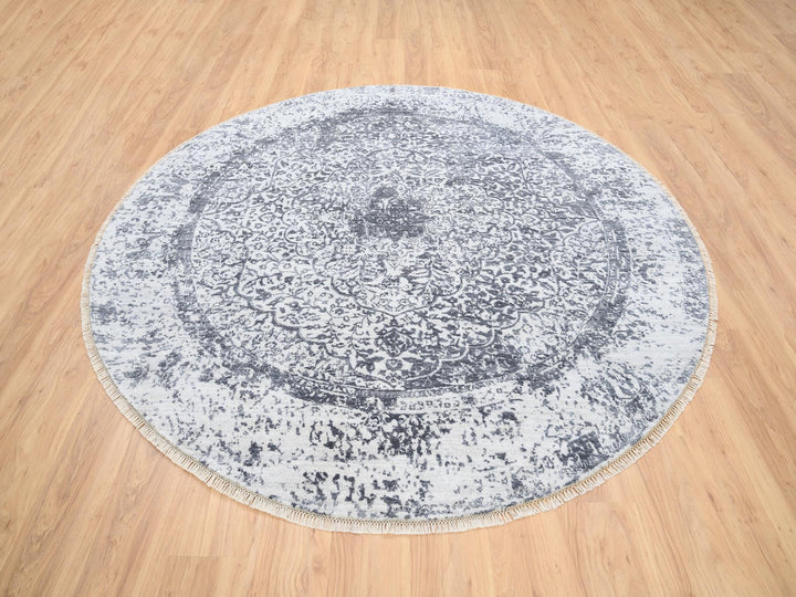 7'10" x 7'10" New Hand Knotted Grey Wool & Silk Round Oriental Rug - MOA10264086