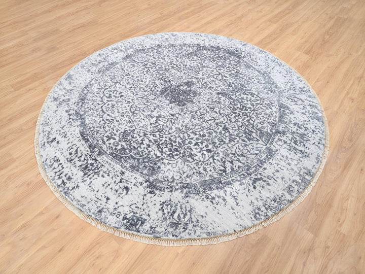 7'10" x 7'10" New Hand Knotted Grey Wool & Silk Round Oriental Rug - MOA10264086