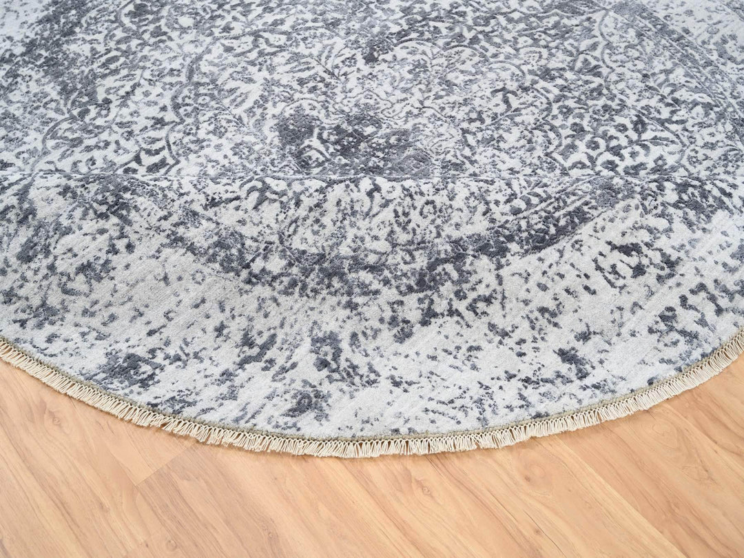 7'10" x 7'10" New Hand Knotted Grey Wool & Silk Round Oriental Rug - MOA10264086